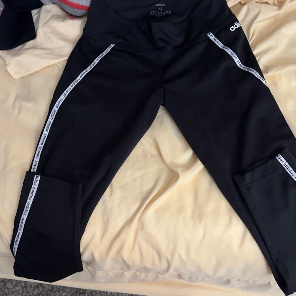 Adidas Black Leggings with White Logo Stripes